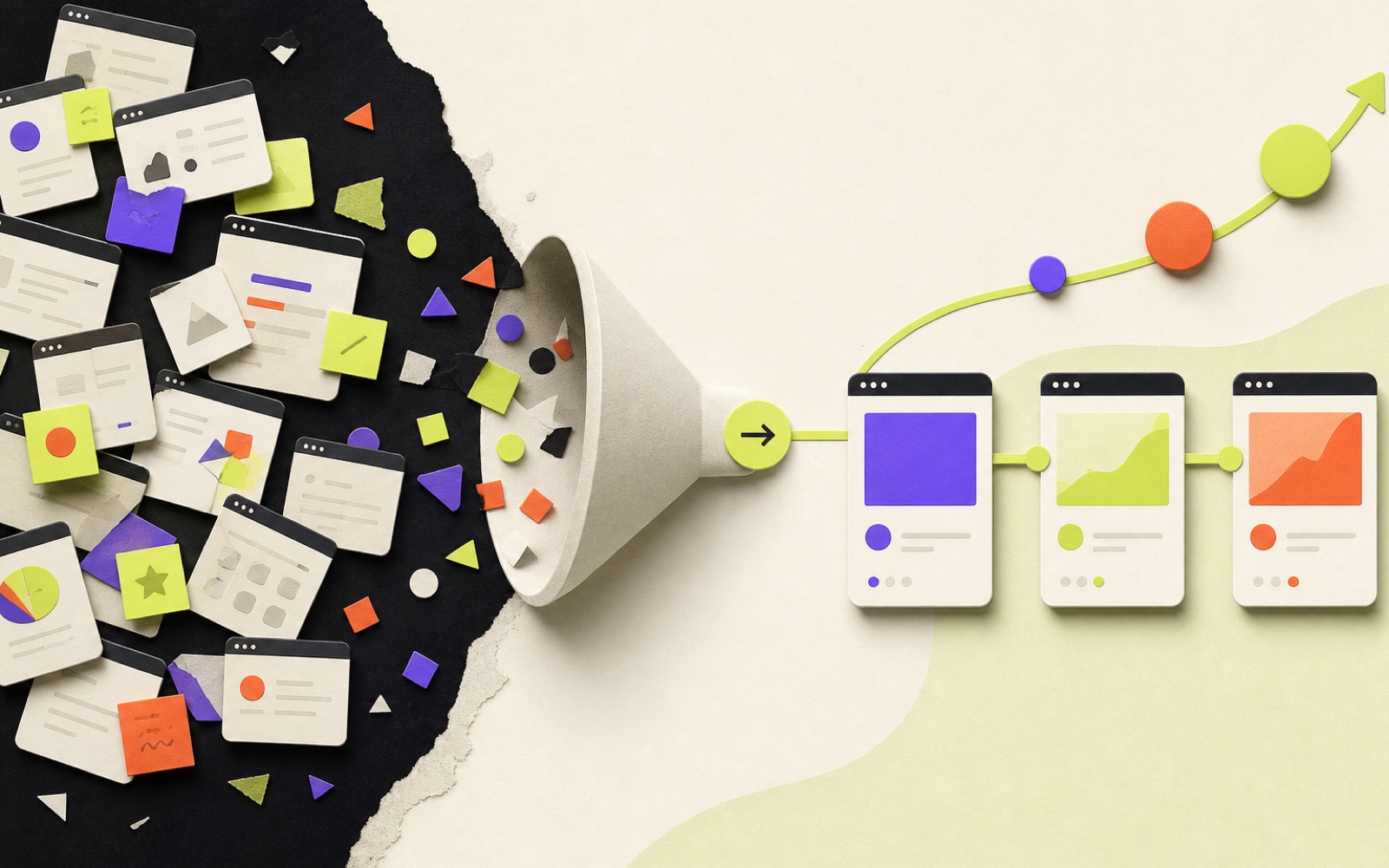 A chaotic collection of experiment cards passing through a funnel into an ordered sequence and rising path.