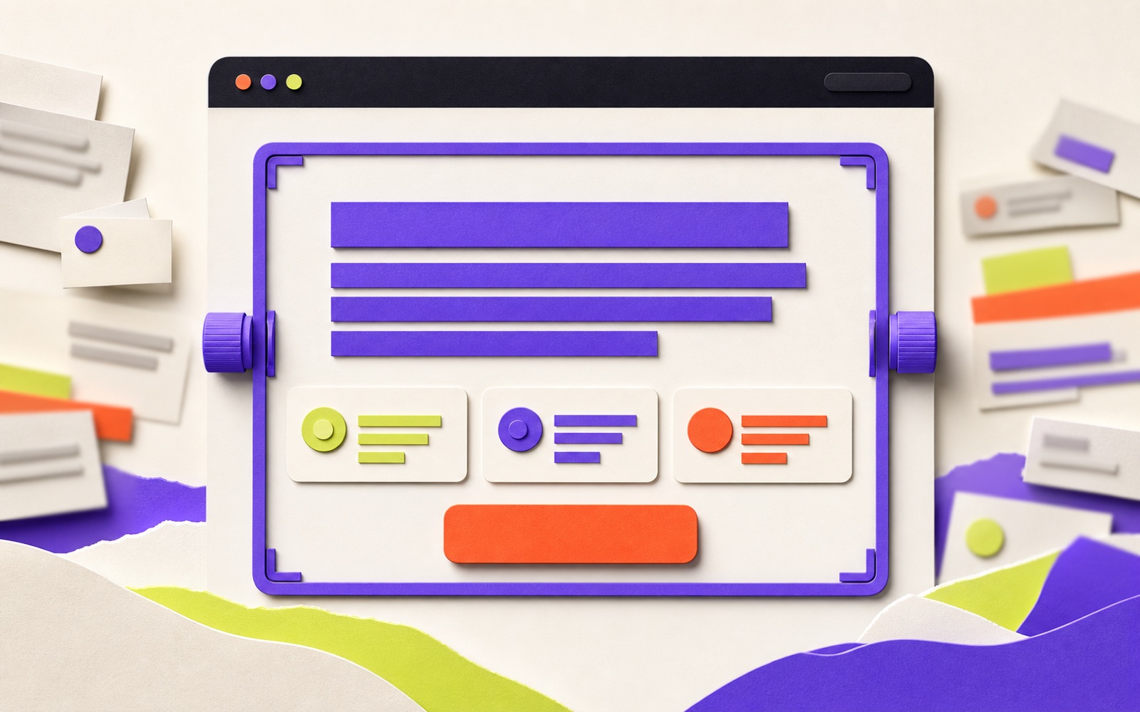 A browser hero layout brought into focus with a saffron frame, proof cards, and a deep saffron call-to-action.