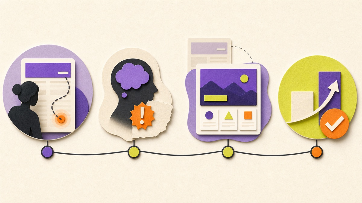 A focused experiment framework connecting visitor behavior, an underlying belief, a coherent page variant, and a learning decision.